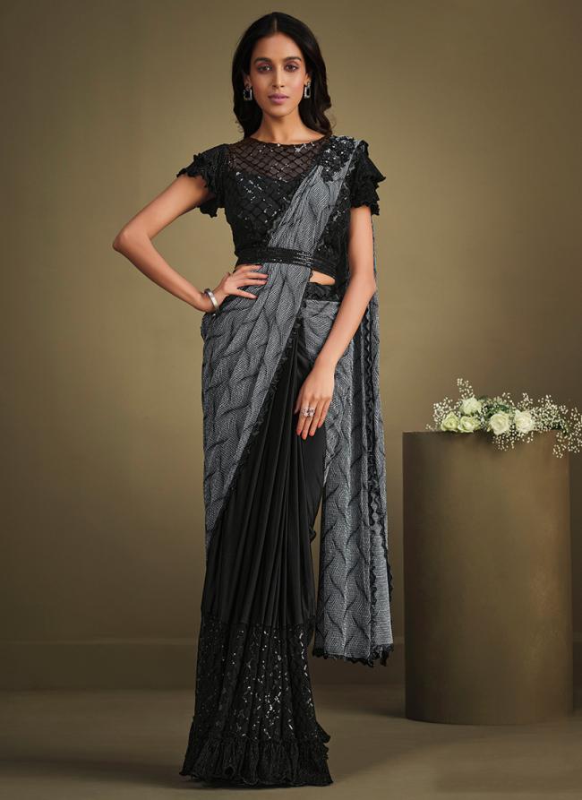 Crystal Crepe Grey Party Wear Sequins Work Ready To Wear Saree